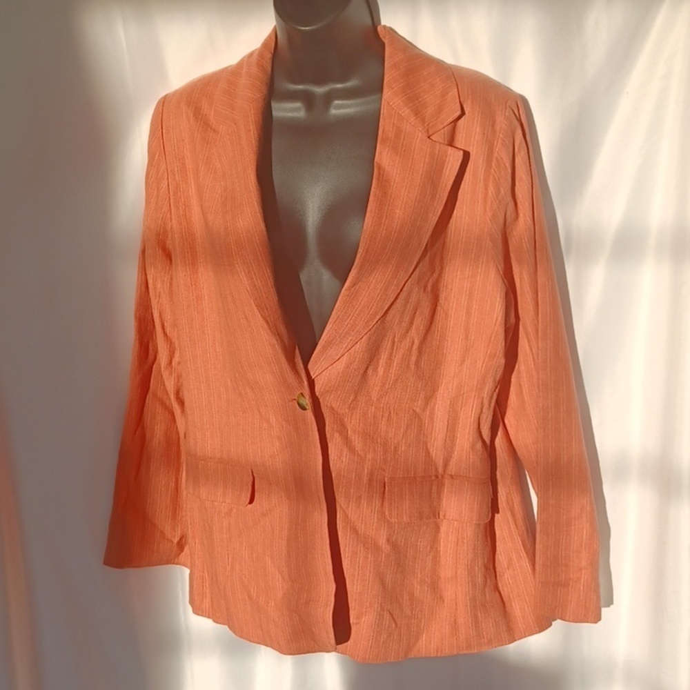 Sonoma linen viscose single button blazer orangy pink w/cream pinstripe med, EUC